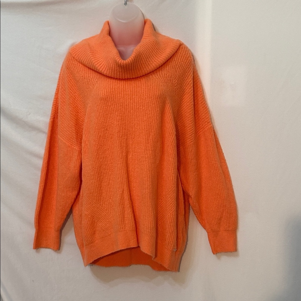 DKNY Vibrant Orange Cowl Neck Ribbed Pullover Sweater Size L